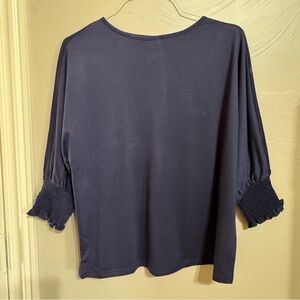 Women’s Navy Blue Blouse with Smocked, Ruffled Cuffs on 3/4 Sleeves